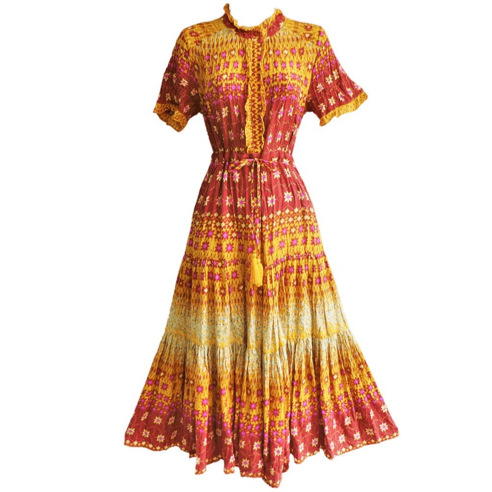 Free People Midi Dress Rare Feeling Goldenrod Combo Ruffled Pintuck Drawstring S - Picture 2 of 9